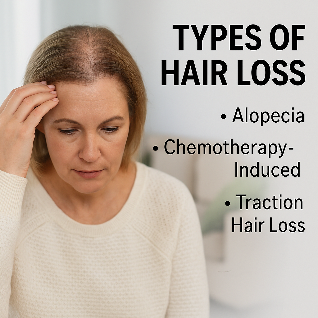 A realistic photo of a woman with thinning hair, touching her scalp, paired with a list of hair loss types in women including alopecia, chemotherapy-induced hair loss, and traction alopecia.