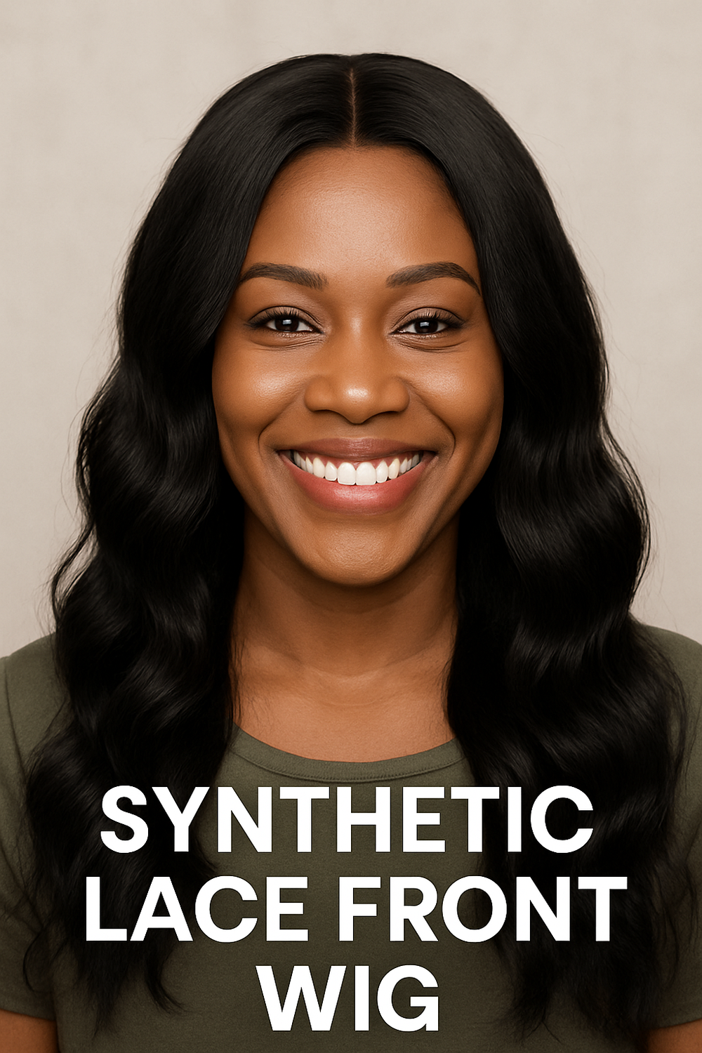 A smiling Black woman wearing a long, body wave synthetic lace front wig with a natural-looking part and realistic hairline. The textured wig offers a confident, affordable hair solution for women experiencing hair loss."
