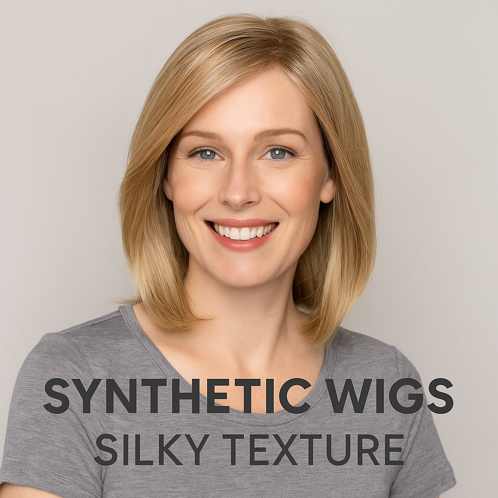Smiling woman wearing a silky-texture synthetic wig, styled naturally for women with hair loss or on a beauty budget.