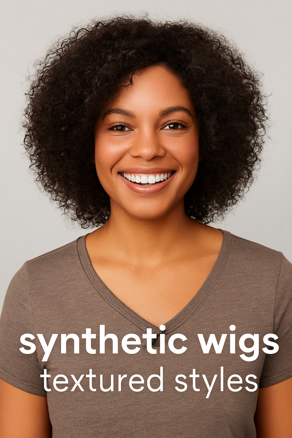 Smiling Black woman wearing a short synthetic wig with natural texture – representing textured synthetic wigs for alopecia, chemo recovery, and everyday wear.