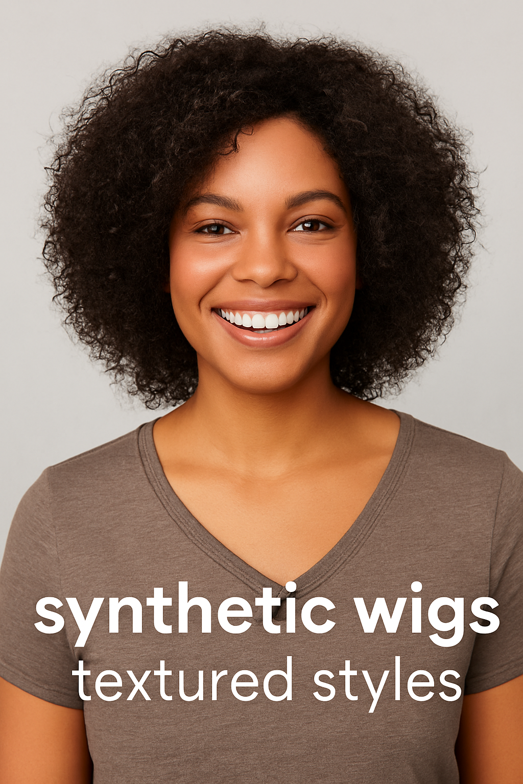 Smiling Black woman wearing a short synthetic wig with natural texture – representing textured synthetic wigs for alopecia, chemo recovery, and everyday wear.
