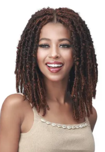 Medium-length twist-style wig with defined coils and a blended brown color, displayed on a model against a light background.