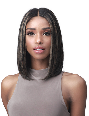 Bobbi Boss Evelina wig — sleek shoulder-length straight bob with subtle highlights and natural middle part, shown for a polished, modern look.
