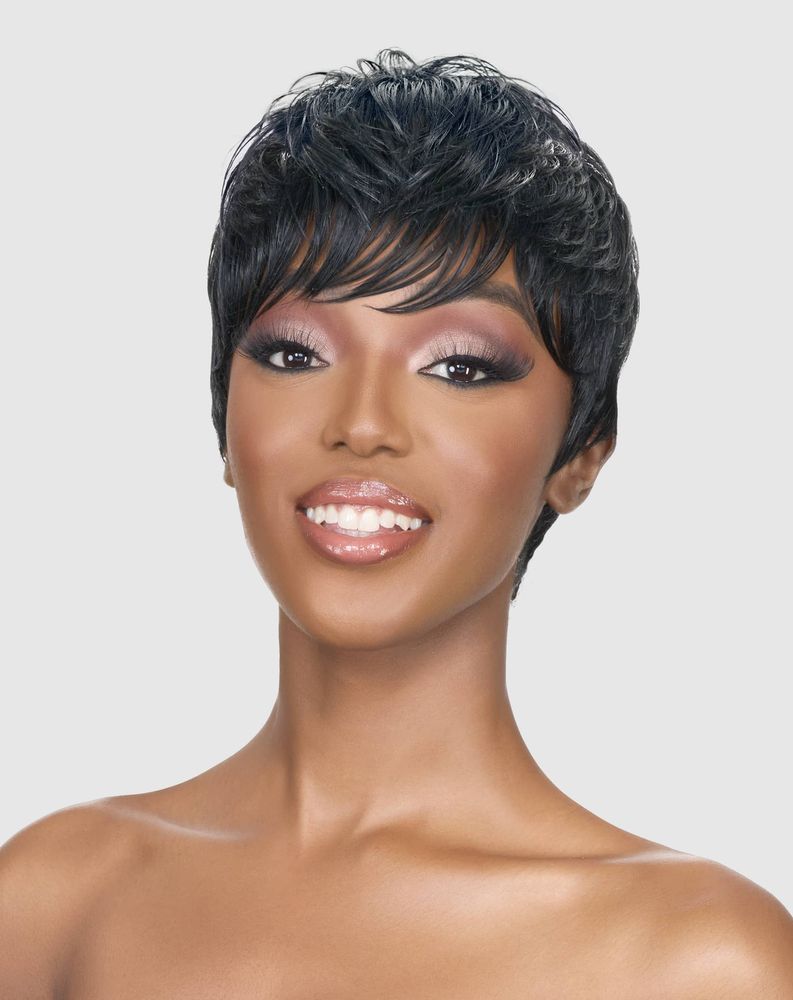 Vanessa Niam wig — layered pixie with tapered nape in 280 salt-and-pepper color, made with heat-safe synthetic fibers.