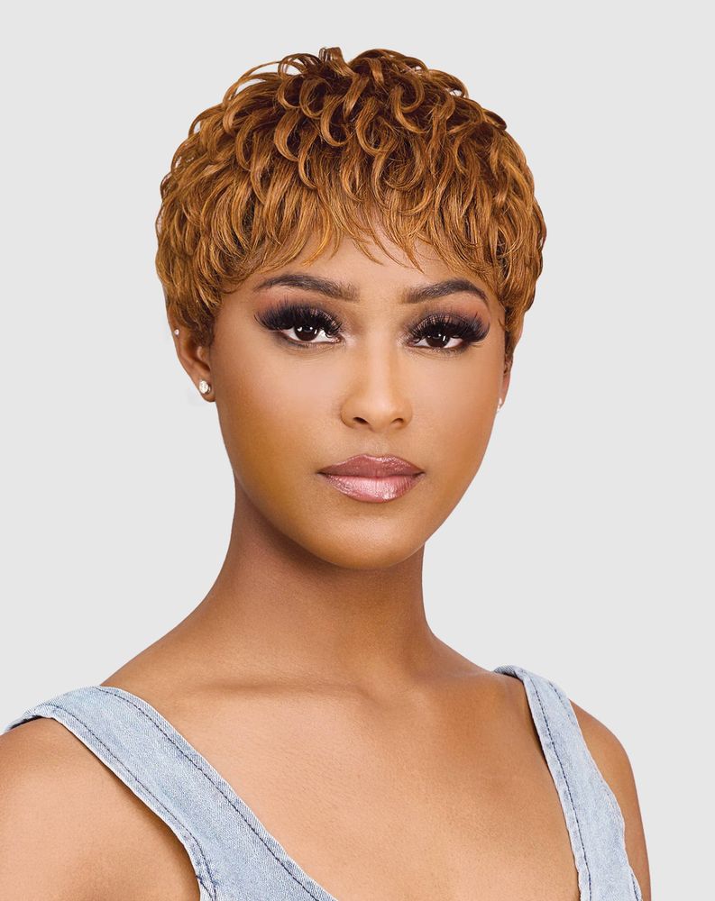 Vanessa Rila wig — short sculpted finger-wave style with defined curls and sleek texture, made with heat-safe synthetic fibers.