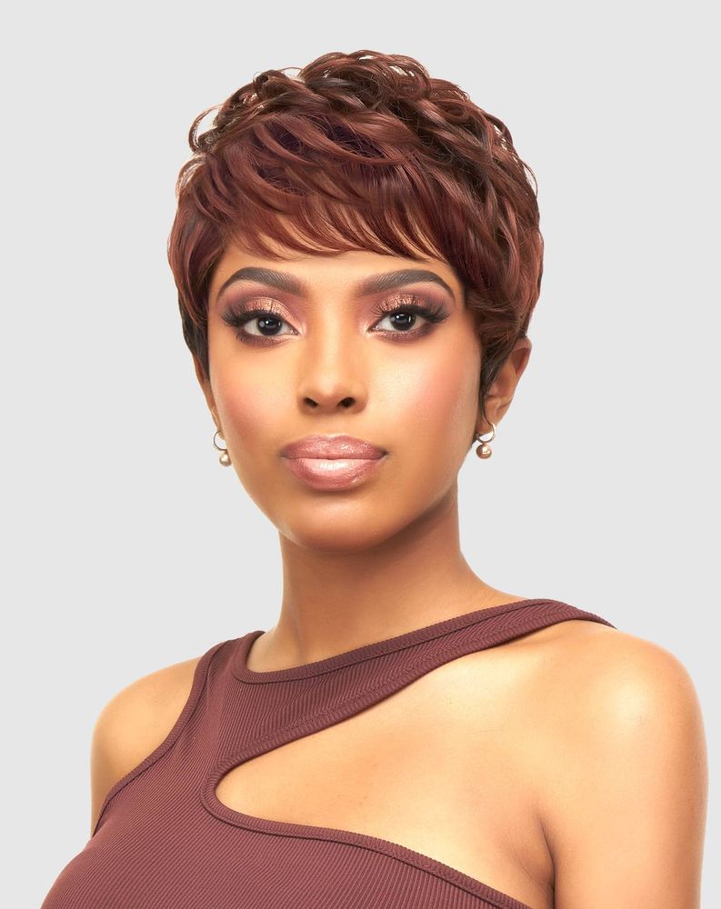 Vanessa Sadio wig — short layered cut with soft tousled curls and natural volume, made with heat-safe fibers up to 360°F.