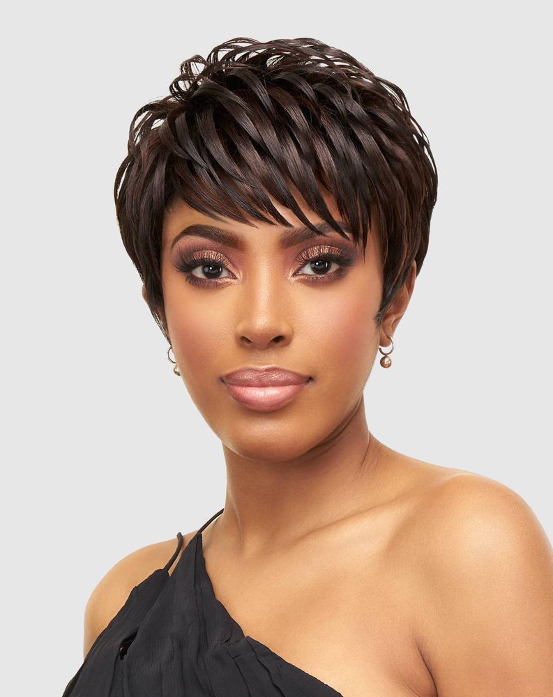 Vanessa Mone wig — short layered cut with a soft face-framing fringe made with heat-safe synthetic fibers, displayed for a polished, elegant look.
