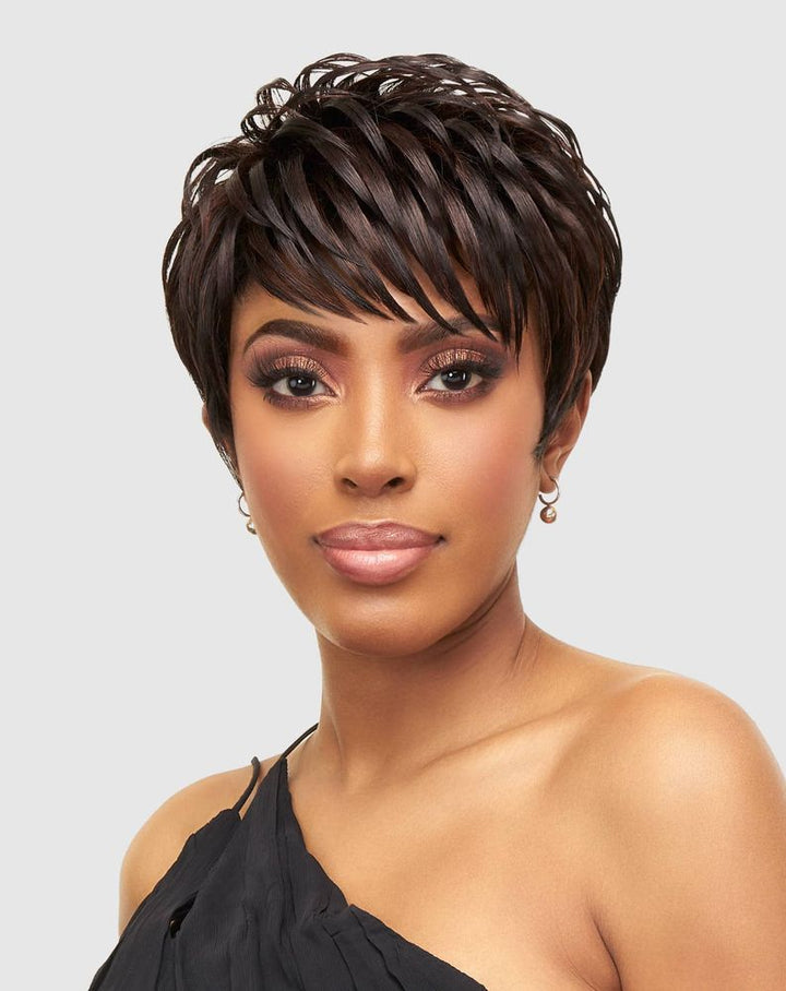Vanessa Mone wig — short layered cut with a soft face-framing fringe made with heat-safe synthetic fibers, displayed for a polished, elegant look.
